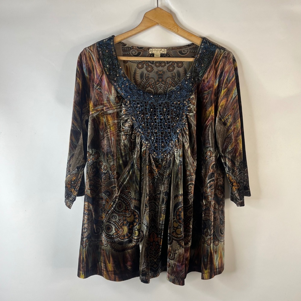 Energe Tunic Top Womens 1X Brown Velvet Beaded Crochet Boho Paisley 3/4 Sleeve